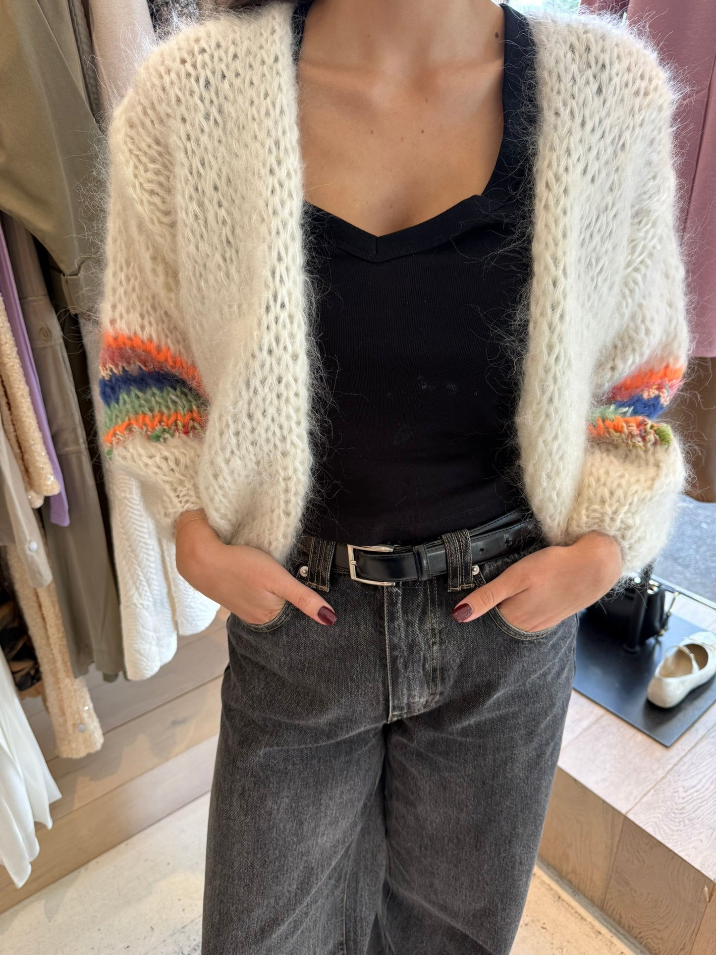 Les Tricots D'o | Eloise Mohair Cardigan Short - Off White/Colour Sleeve