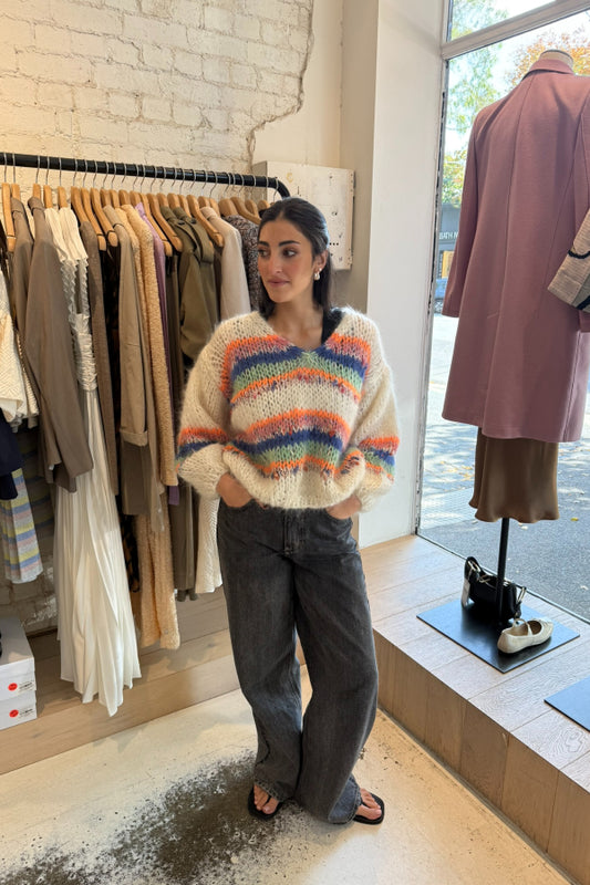 Les Tricots D'o | Emily Mohair Pullover V-Neck - Off White/Stripes