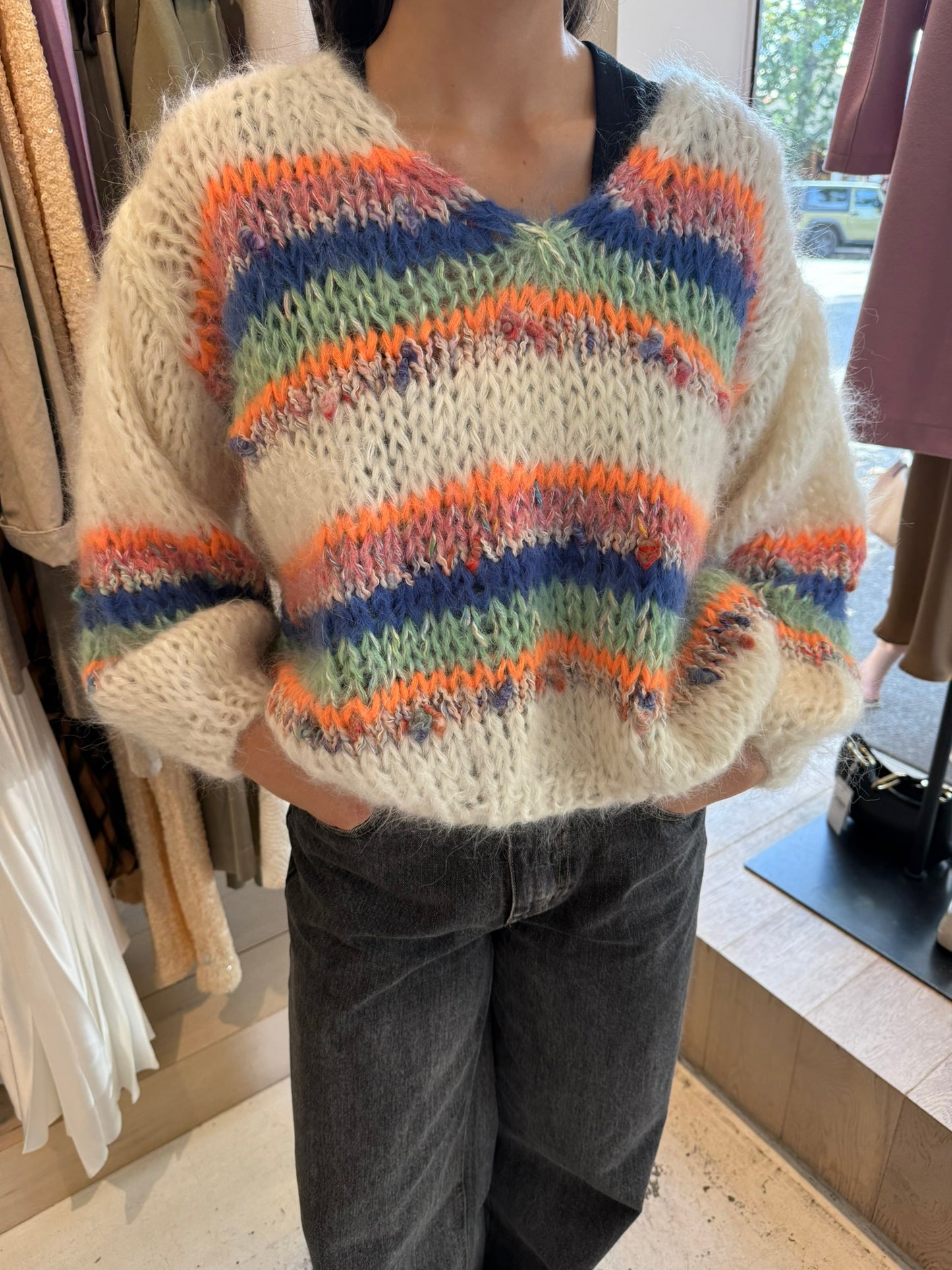 Les Tricots D'o | Emily Mohair Pullover V-Neck - Off White/Stripes