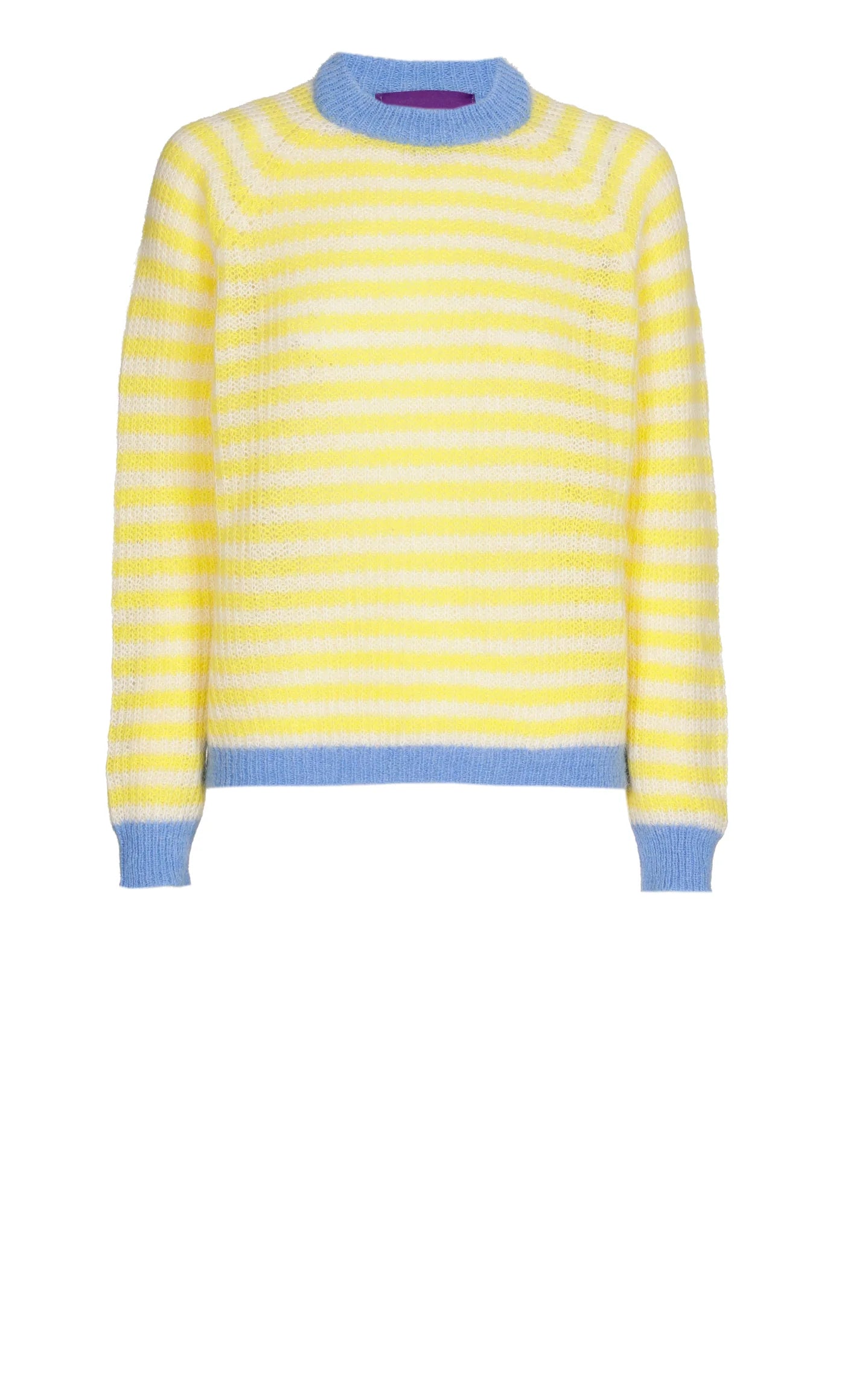 Les Tricots D'o | Cristina Alpaca Pullover Round Neck - Yellow White Stripes/Blue Cuffs