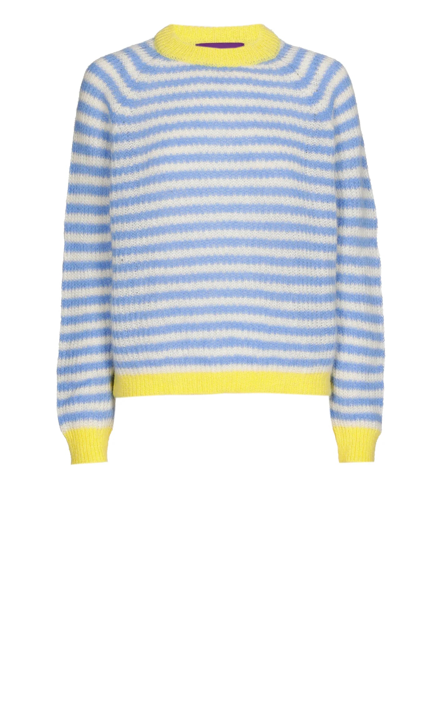 Les Tricots D'o | Cristina Alpaca Pullover Round Neck - Blue White Stripes/Yellow Cuffs