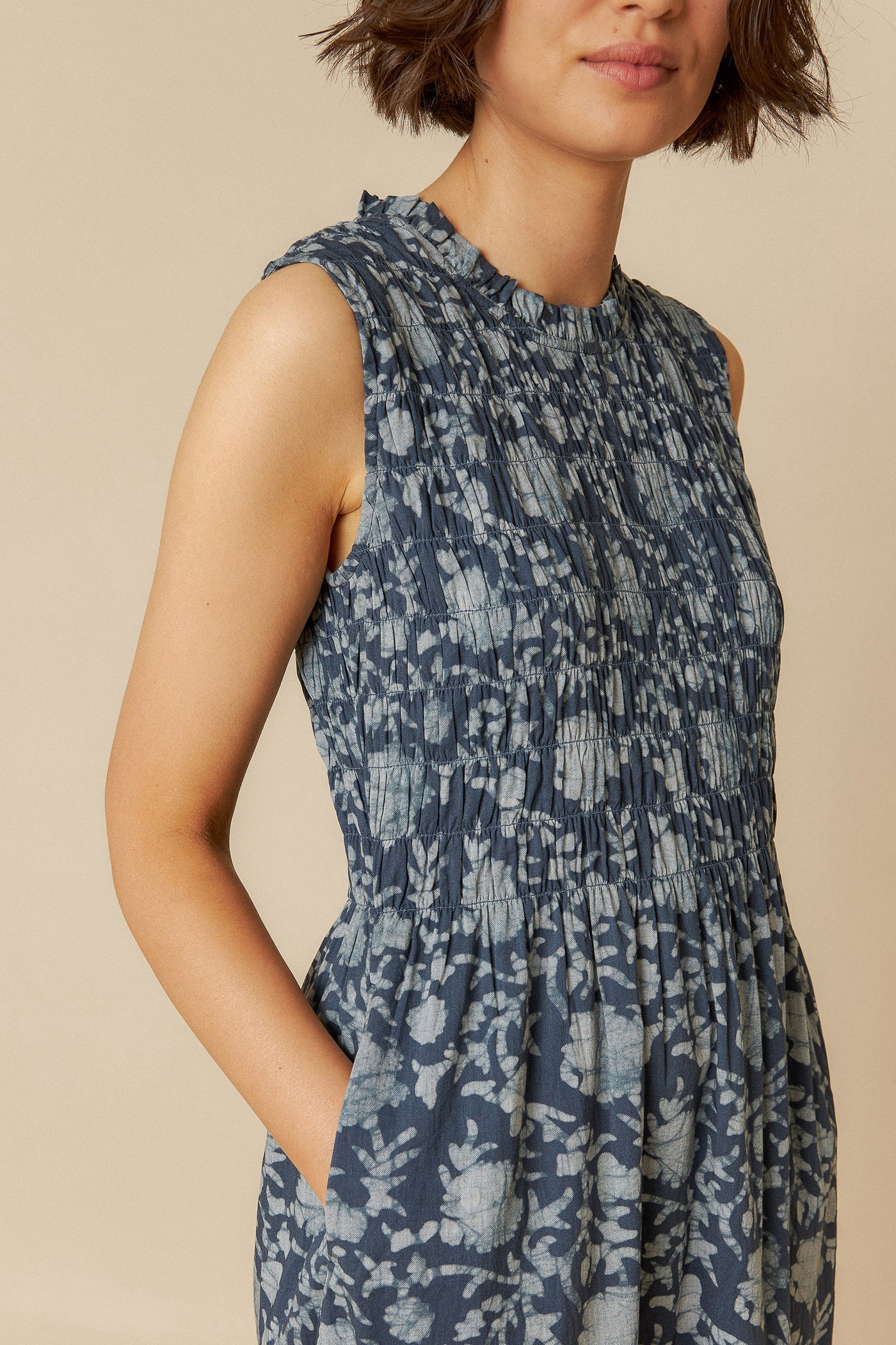 Indi & Cold | Ruched Floral Dress - Indigo