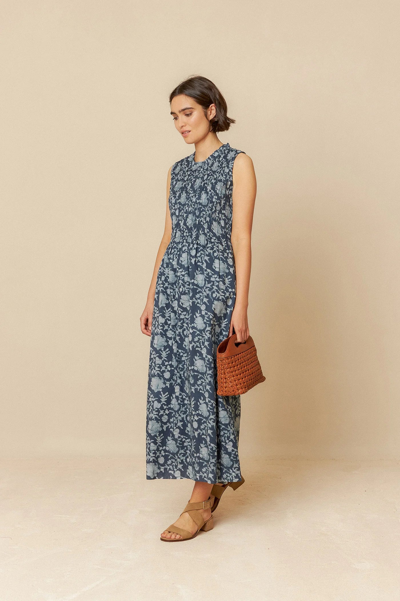 Indi & Cold | Ruched Floral Dress - Indigo