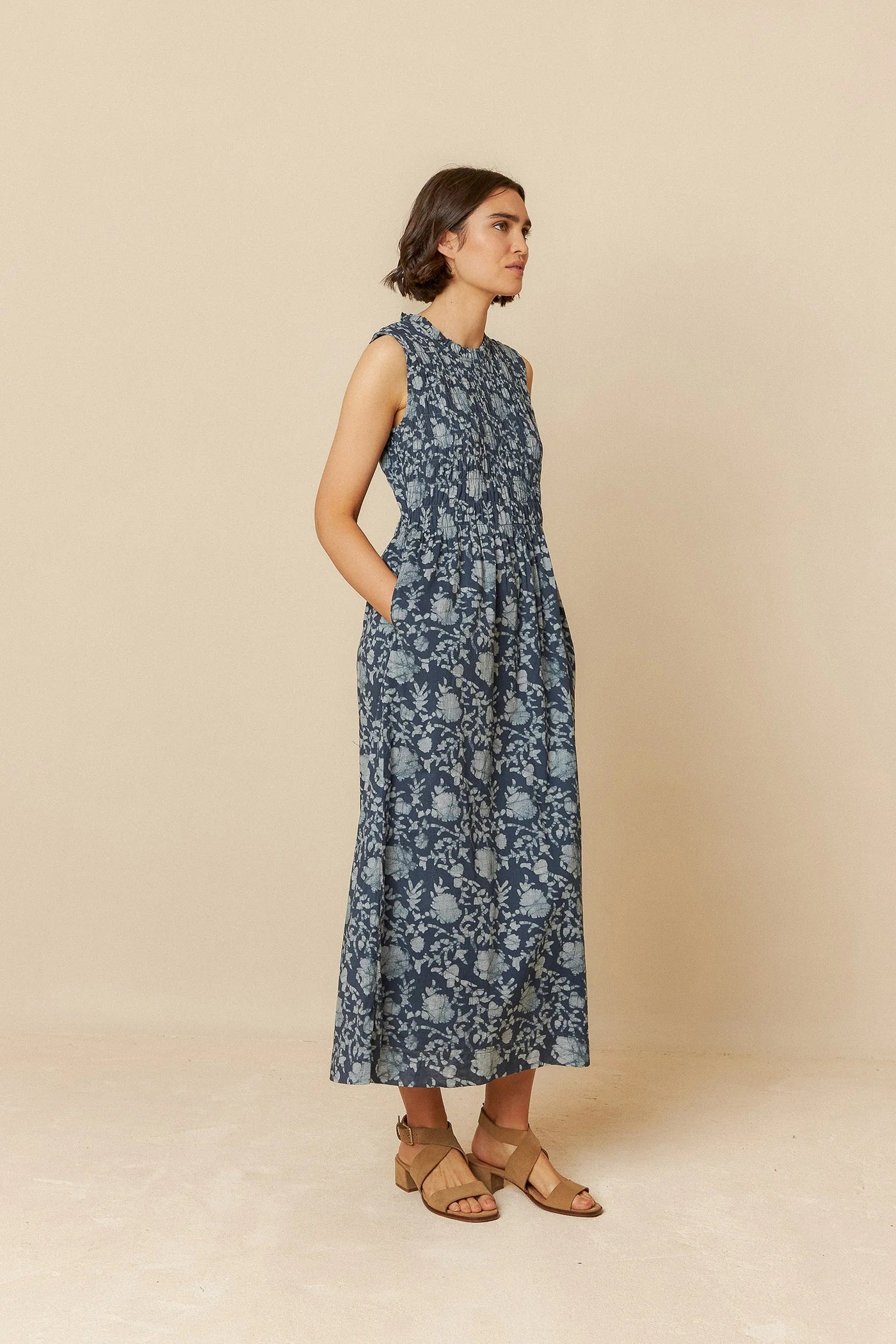 Indi & Cold | Ruched Floral Dress - Indigo