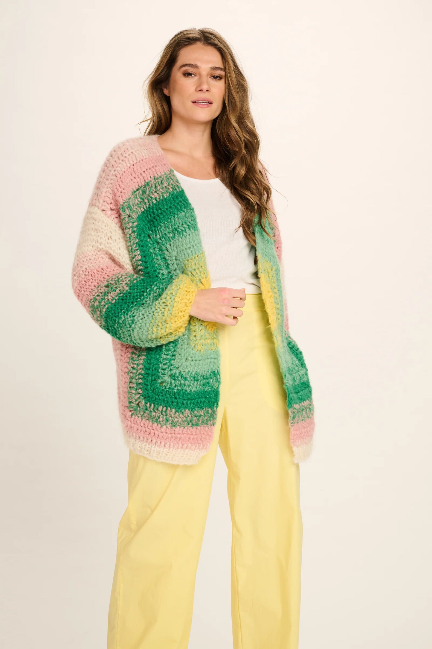 Les Tricots D'o | Laura Cashmere Cardigan Short - Pink/Green/Yellow/White Crochet