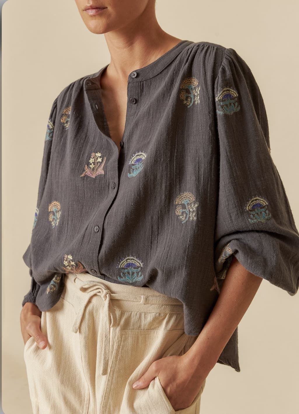 Indi & Cold | Embroidered Blouse - Carbon