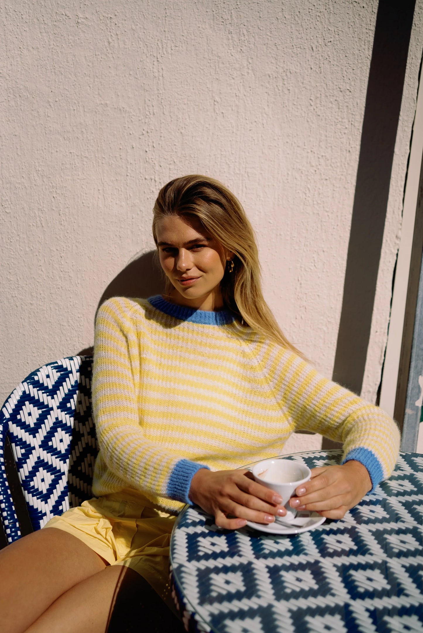 Les Tricots D'o | Cristina Alpaca Pullover Round Neck - Yellow White Stripes/Blue Cuffs