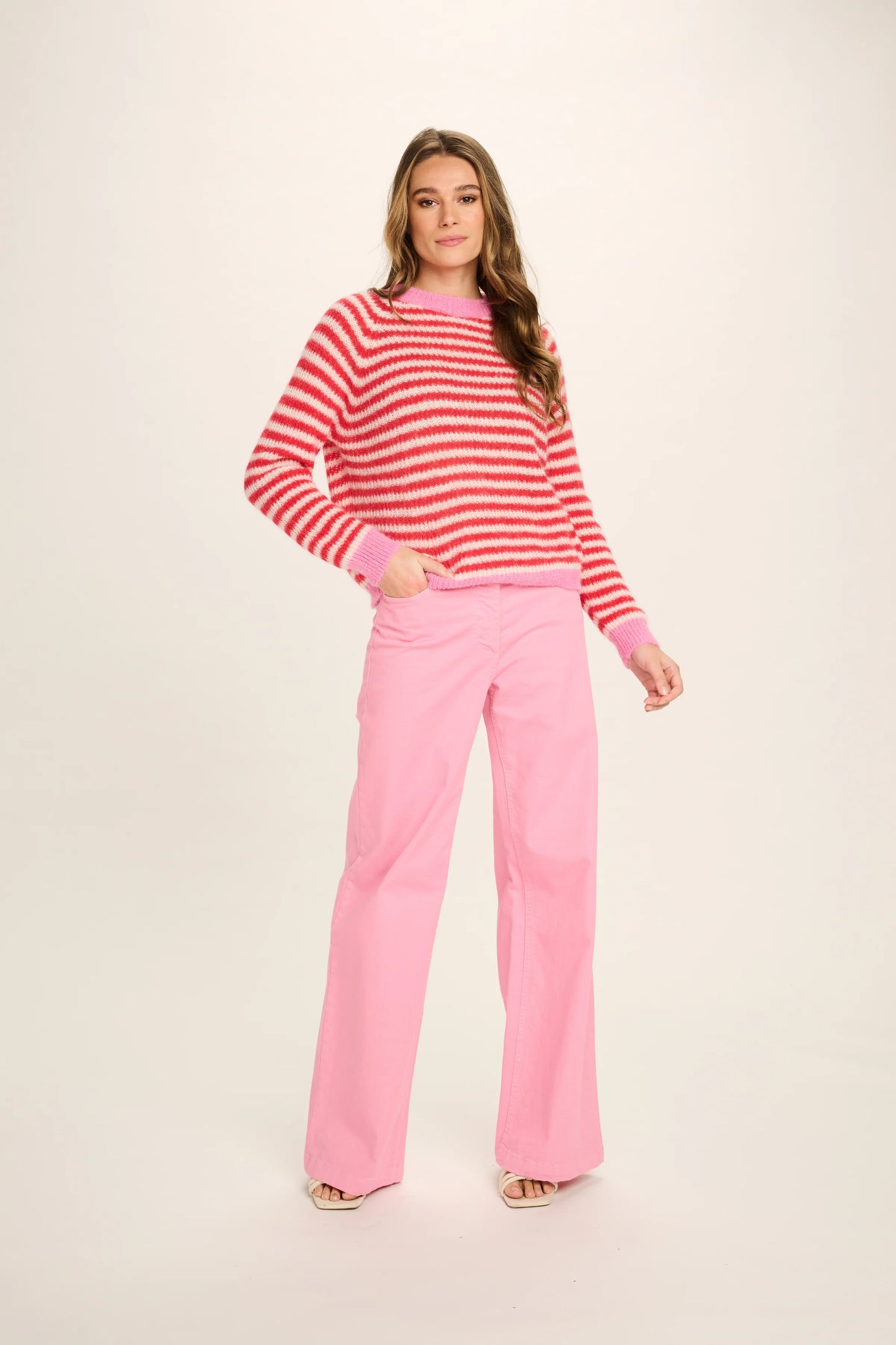 Les Tricots D'o | Cristina Alpaca Pullover - Red White Stripe/Candy Pink Cuffs