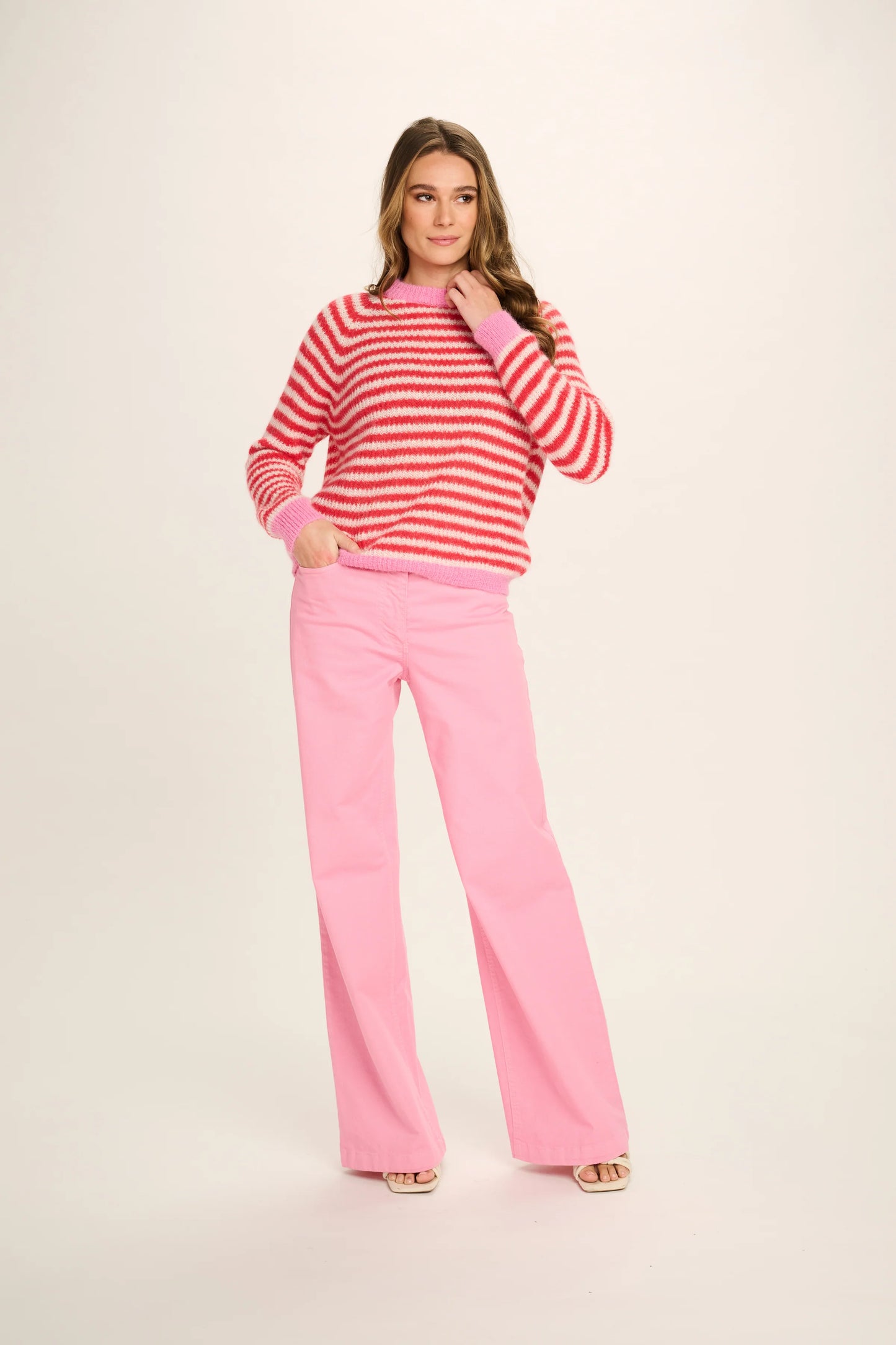 Les Tricots D'o | Cristina Alpaca Pullover - Red White Stripe/Candy Pink Cuffs