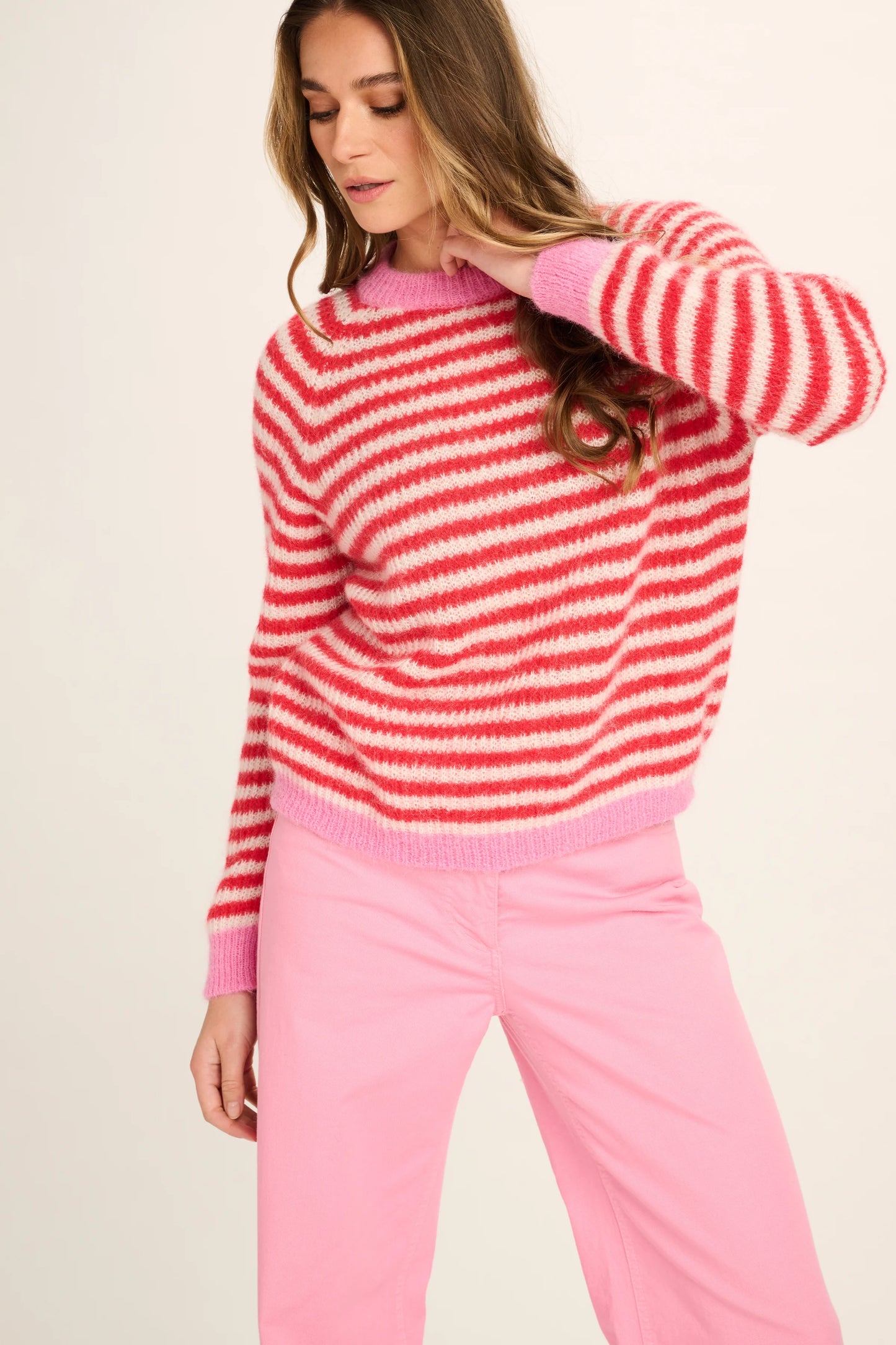 Les Tricots D'o | Cristina Alpaca Pullover - Red White Stripe/Candy Pink Cuffs