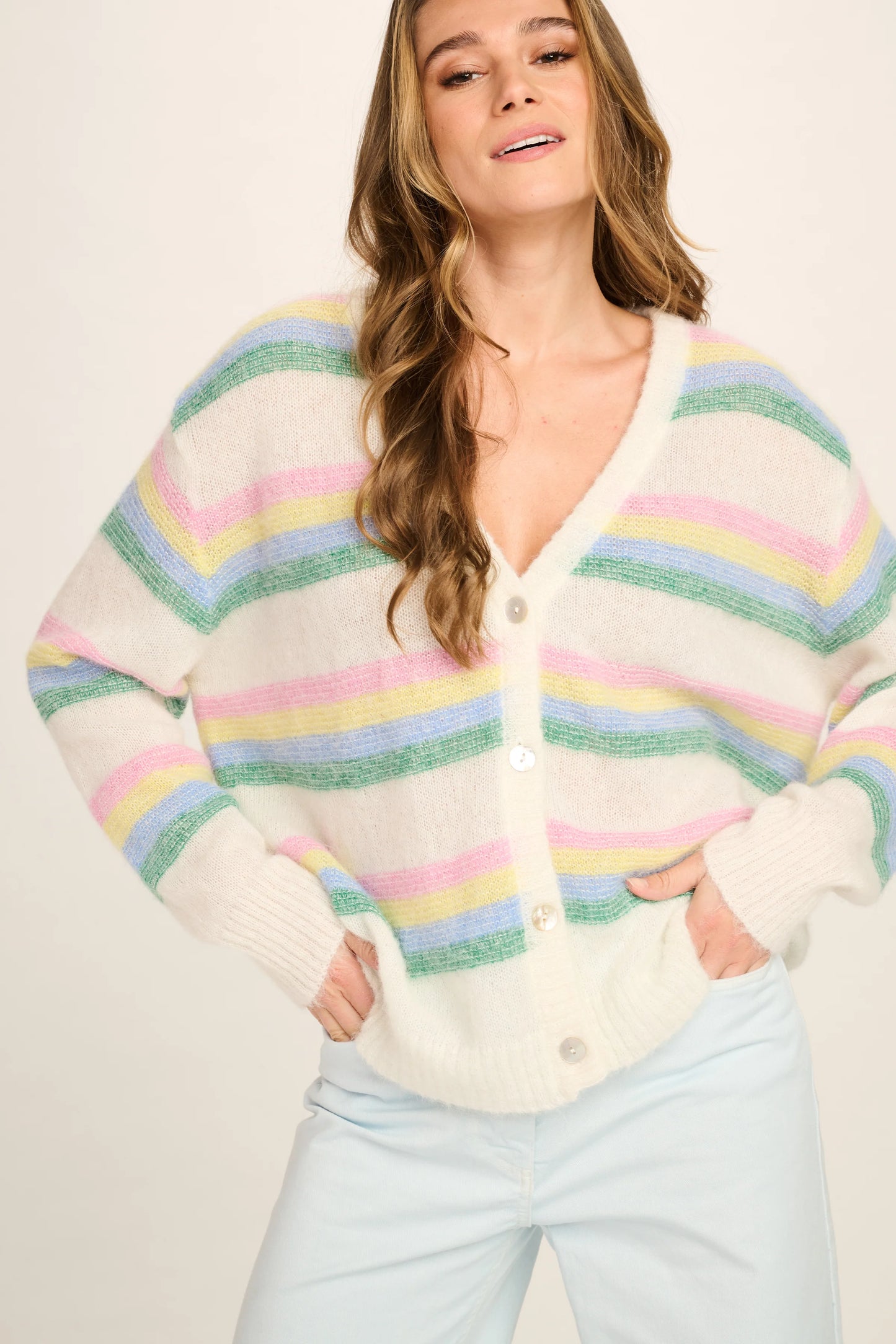 Les Tricots D'o | Monica Aplaca Cardigan Short - Off White/Multico Stripe