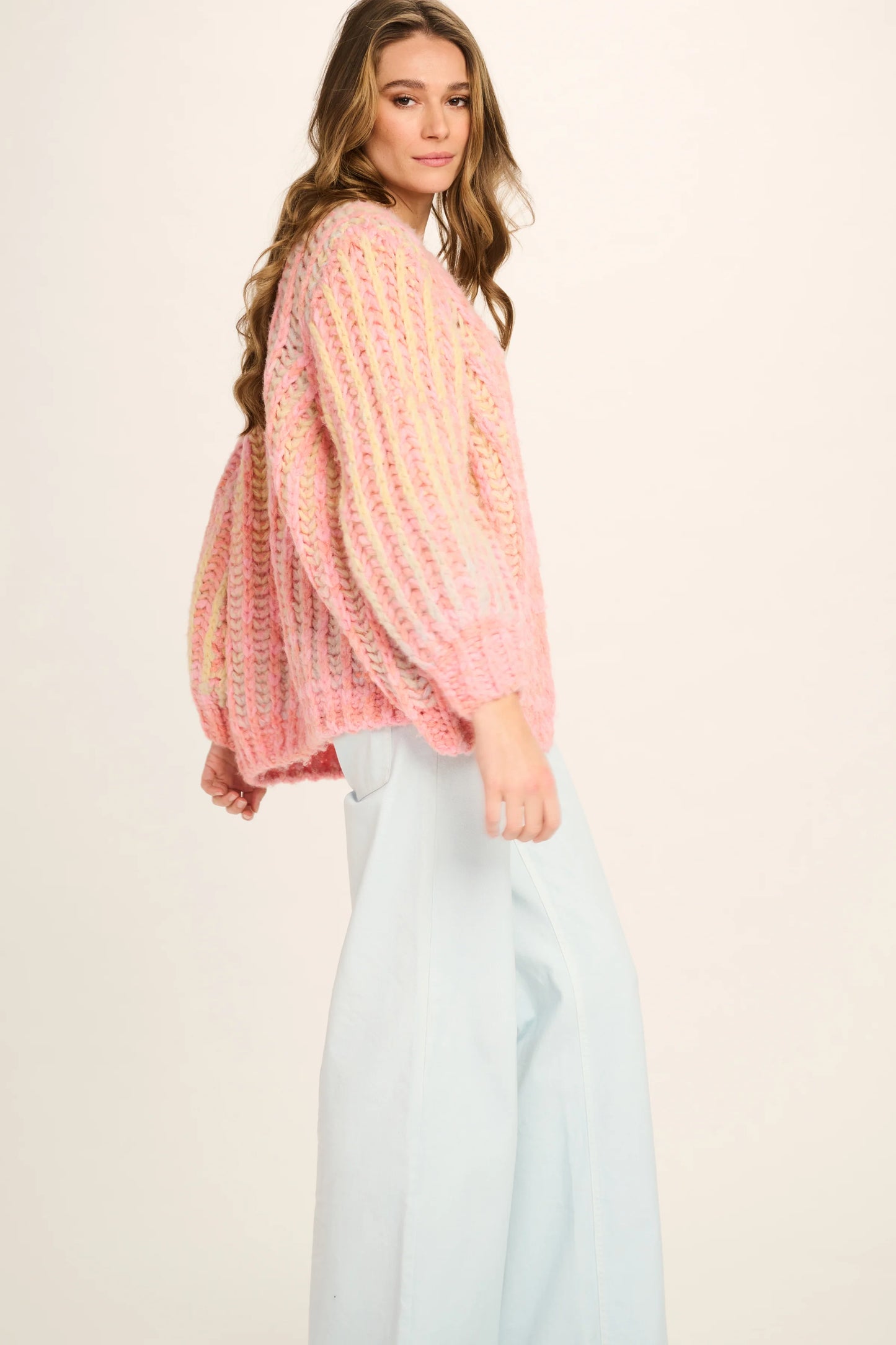 Les Tricots D'o | Elisabeth Wool Cardigan - Pink Brioche/Yellow Blue Degrade