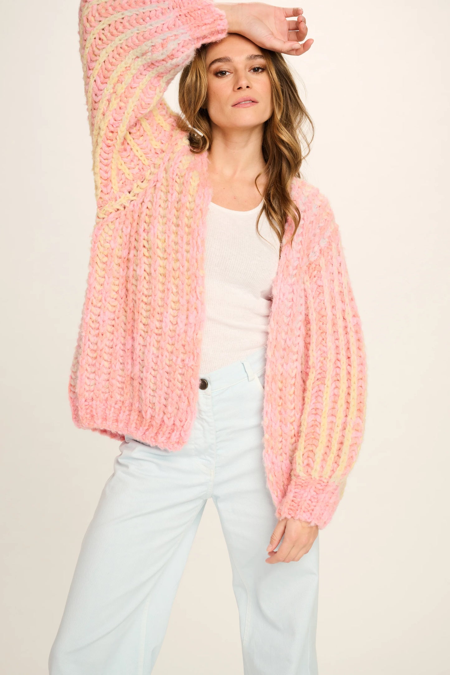 Les Tricots D'o | Elisabeth Wool Cardigan - Pink Brioche/Yellow Blue Degrade