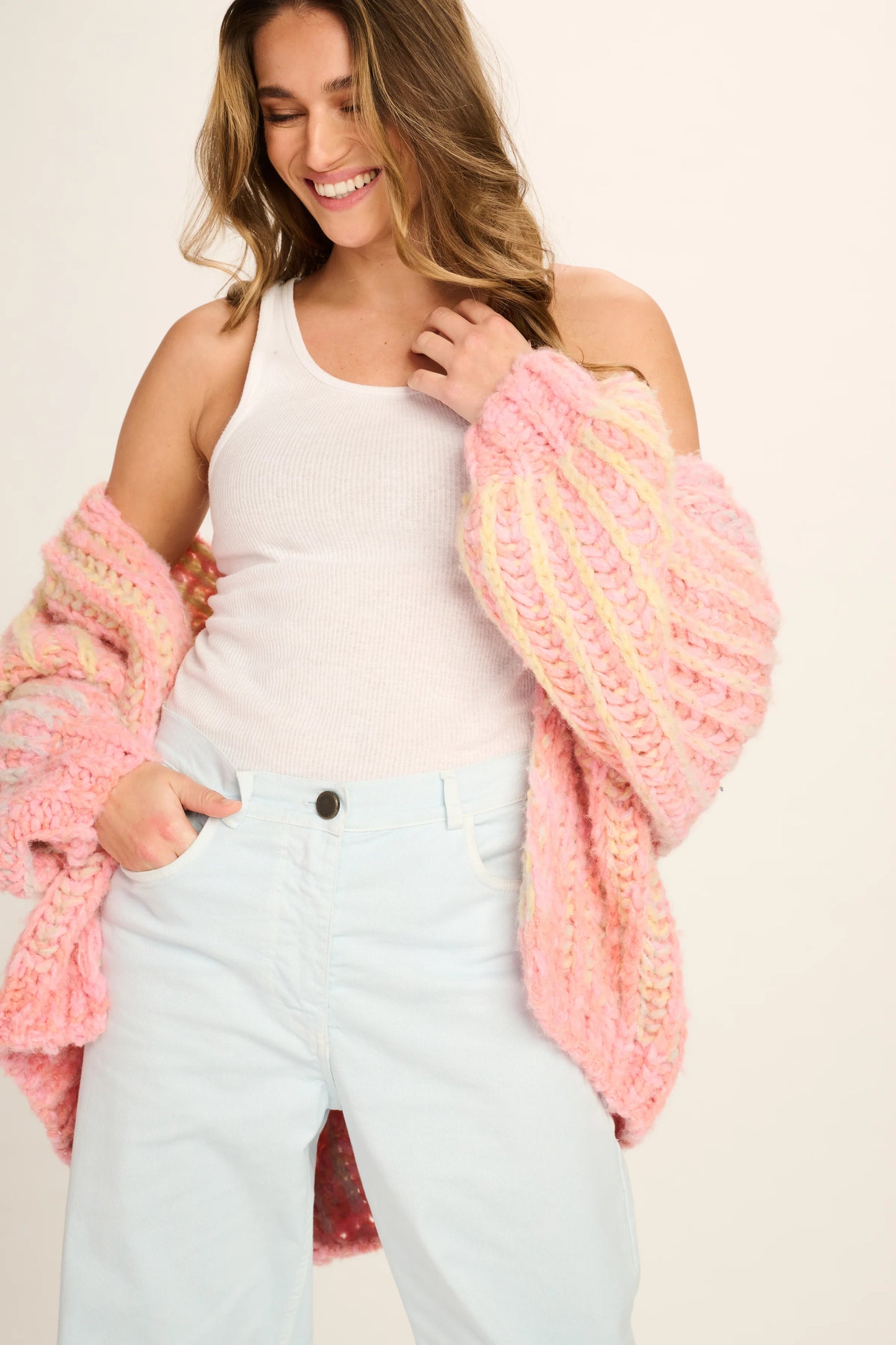 Les Tricots D'o | Elisabeth Wool Cardigan - Pink Brioche/Yellow Blue Degrade