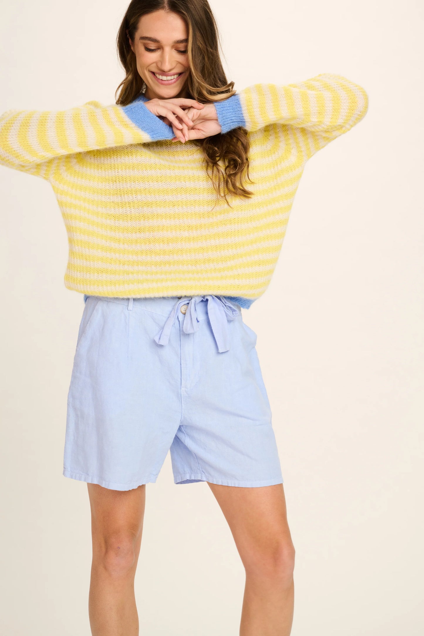 Les Tricots D'o | Cristina Alpaca Pullover Round Neck - Yellow White Stripes/Blue Cuffs