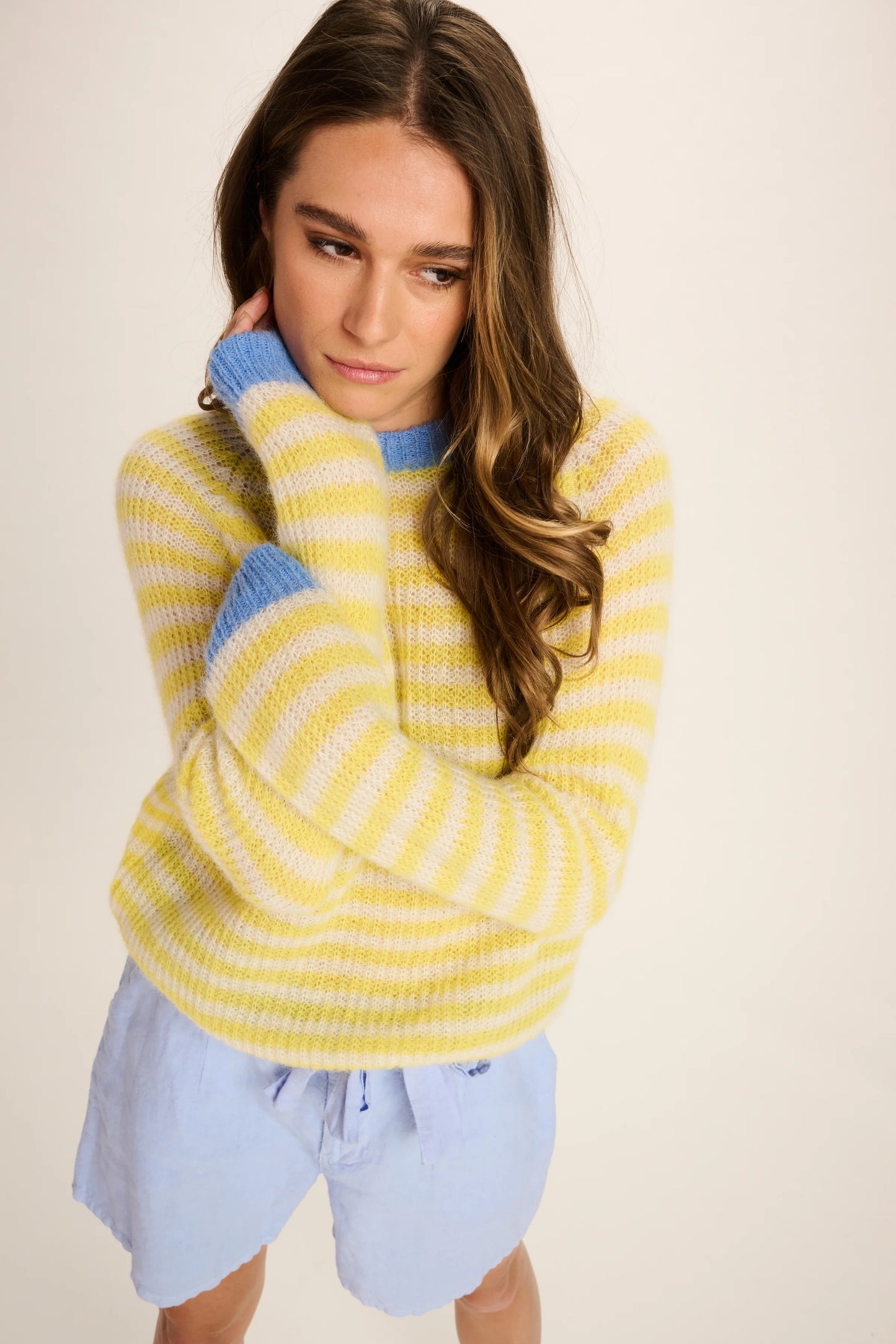 Les Tricots D'o | Cristina Alpaca Pullover Round Neck - Yellow White Stripes/Blue Cuffs