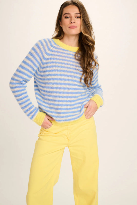 Les Tricots D'o | Cristina Alpaca Pullover Round Neck - Blue White Stripes/Yellow Cuffs