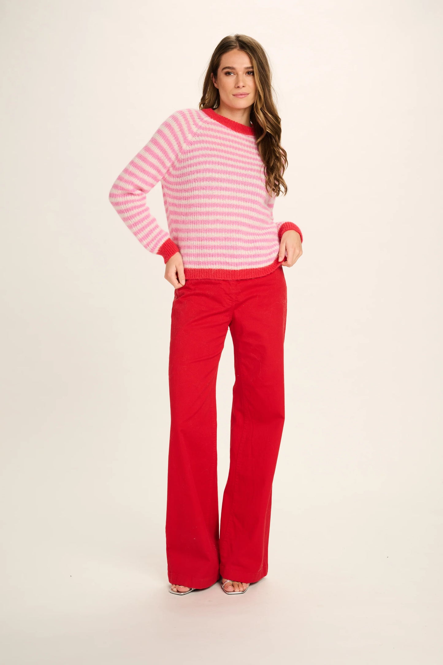 Les Tricots D'o | Cristina Alpaca Pullover Round Neck - Candy Pink White Stripes/Red Cuffs