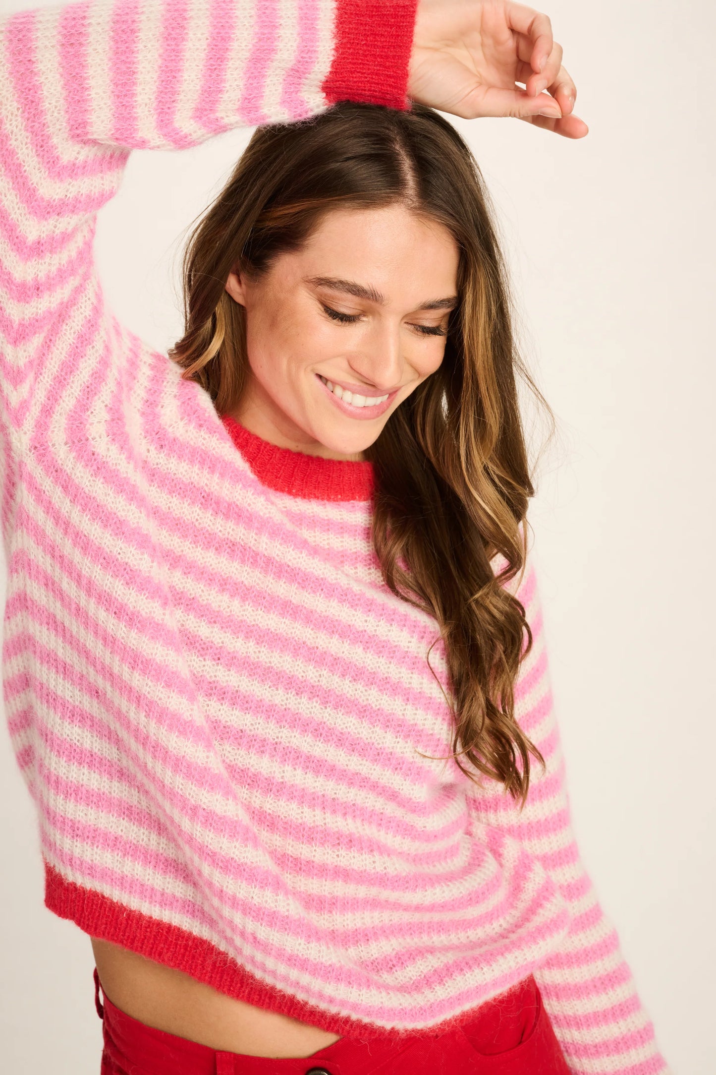 Les Tricots D'o | Cristina Alpaca Pullover Round Neck - Candy Pink White Stripes/Red Cuffs