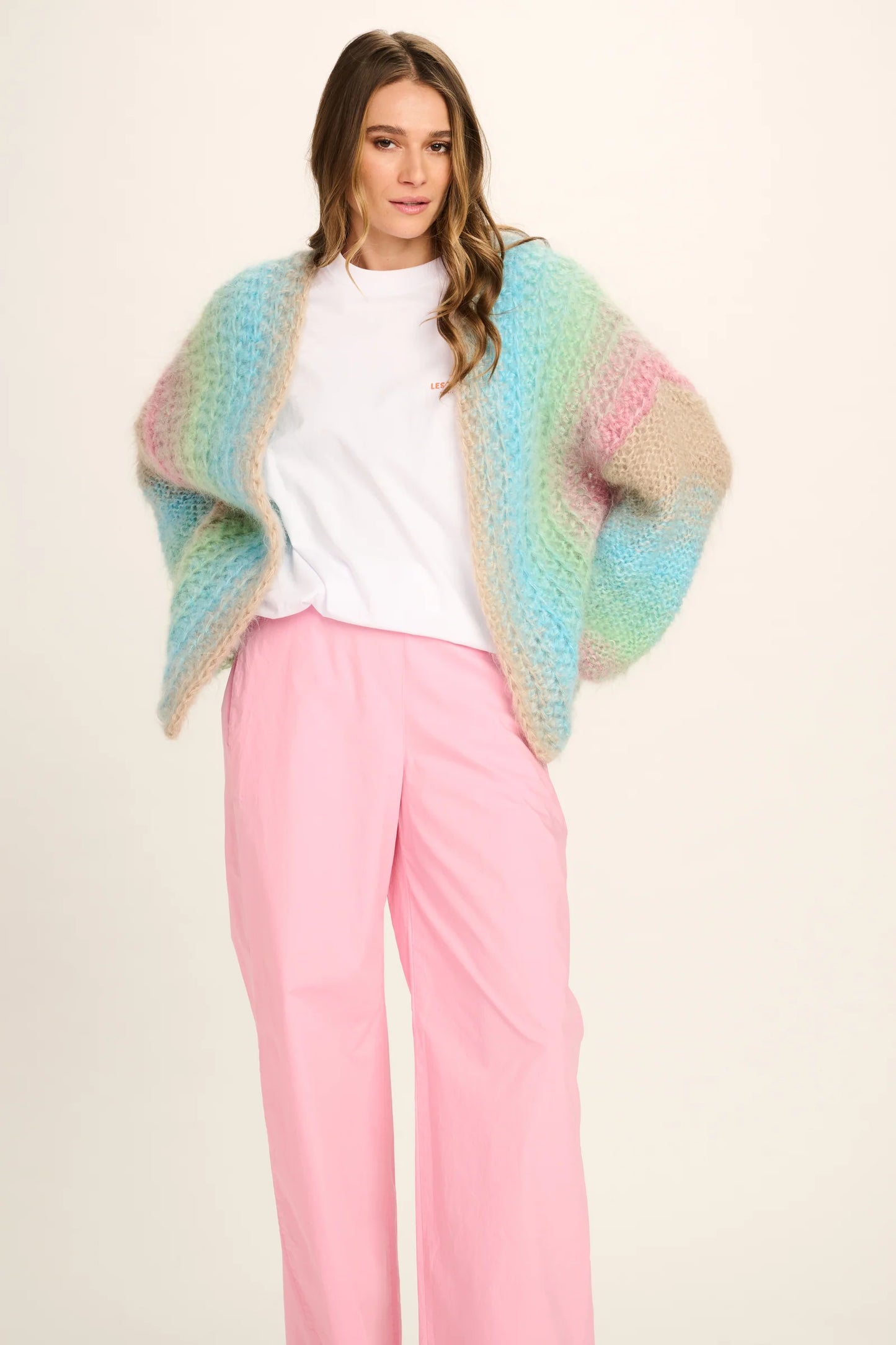 Les Tricots D'o | Edie Mohair Cardigan - Turquoise/Mint/Pink/Sand Crochet