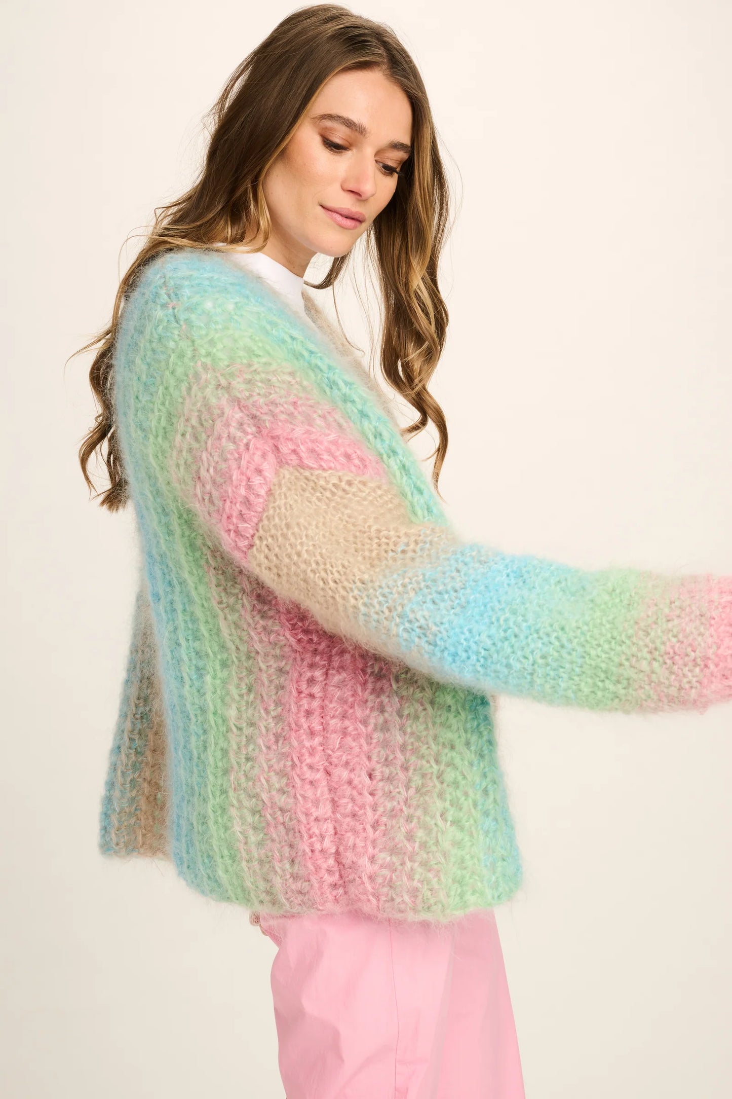 Les Tricots D'o | Edie Mohair Cardigan - Turquoise/Mint/Pink/Sand Crochet