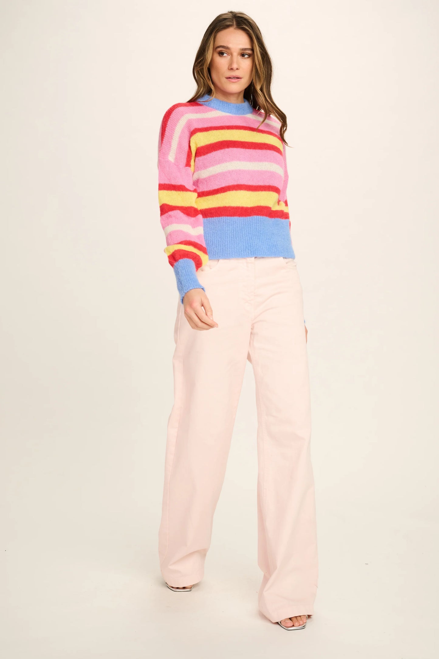 Les Tricots D'o | Simona Alpaca Pullover Round Neck - Pink,Red,Yellow,White Stripe/Blue Cuff