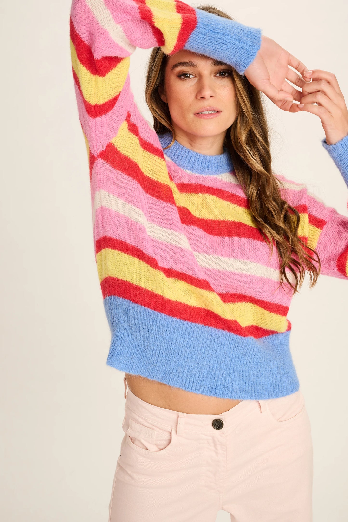 Les Tricots D'o | Simona Alpaca Pullover Round Neck - Pink,Red,Yellow,White Stripe/Blue Cuff