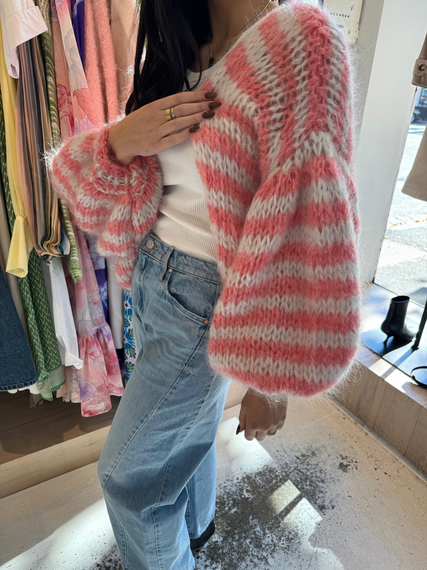 Les Tricots D'o | Mohair Cardigan Short Puff Sleeves - Light Grey/Pink