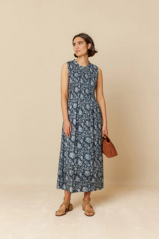 Indi & Cold | Ruched Floral Dress - Indigo
