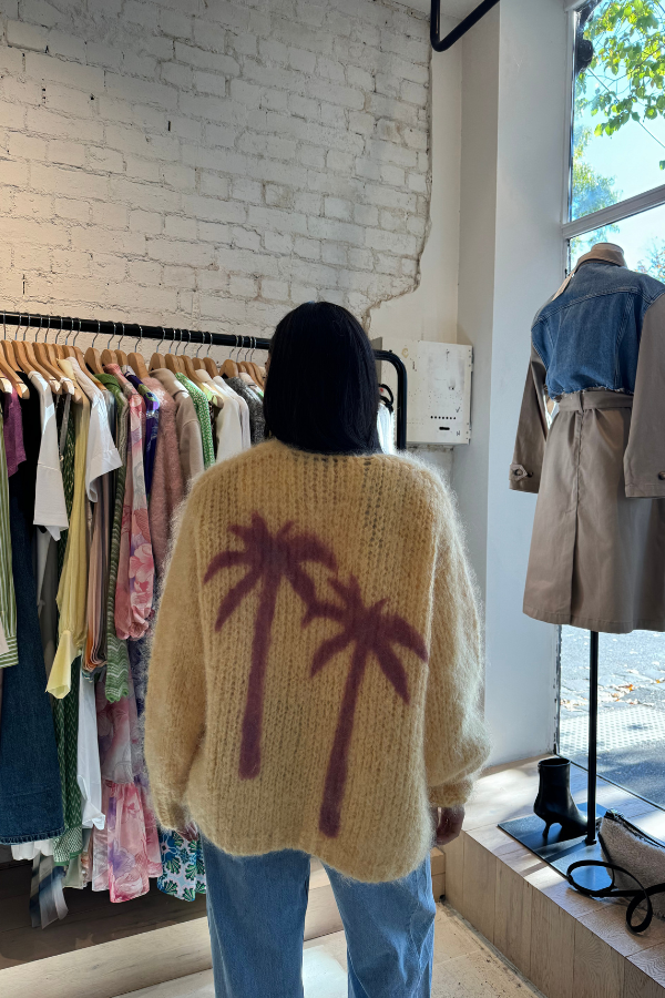 Les Tricots D'o | Mohair Cardigan Palm Tree Grafitti - Yellow/Plum