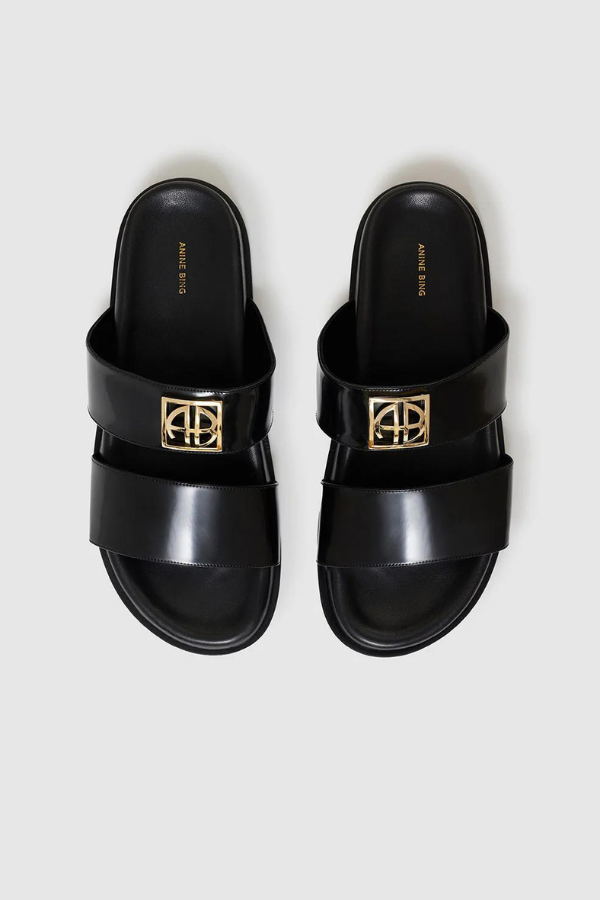 Anine Bing | Parker Slides Monogram - High Shine Black