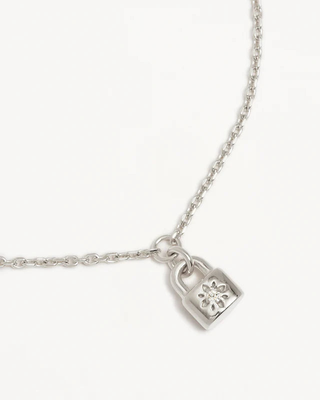 By Charlotte | Crystal Lotus Heart Padlock Bracelet - Silver