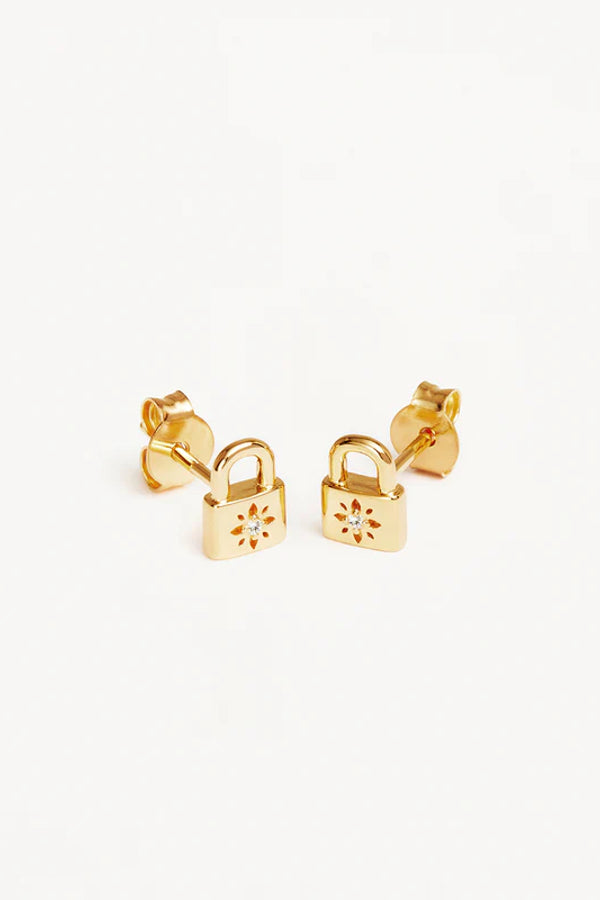 By Charlotte | Crystal Lotus Padlock Stud Earrings - Gold