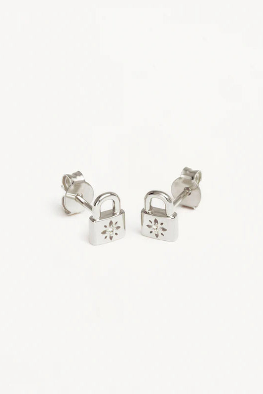 By Charlotte | Crystal Lotus Padlock Stud Earrings - Silver