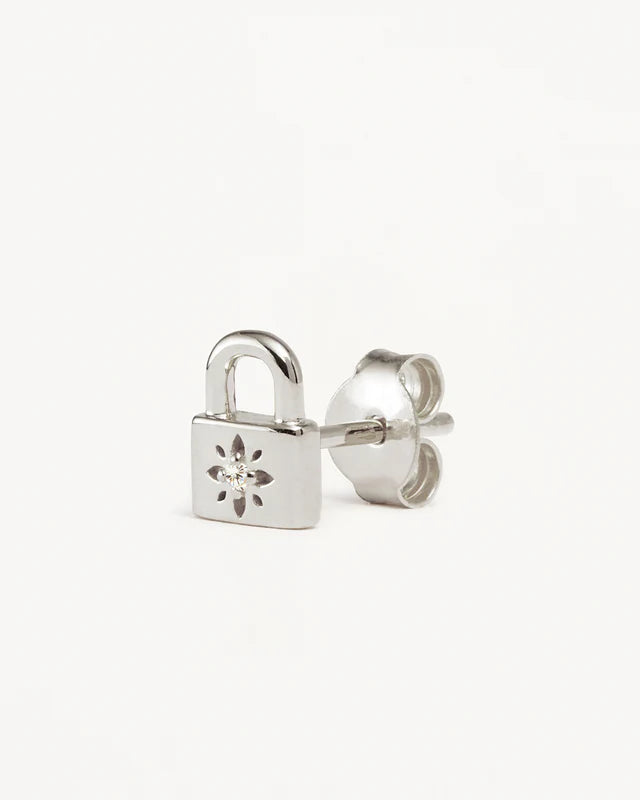 By Charlotte | Crystal Lotus Padlock Stud Earrings - Silver