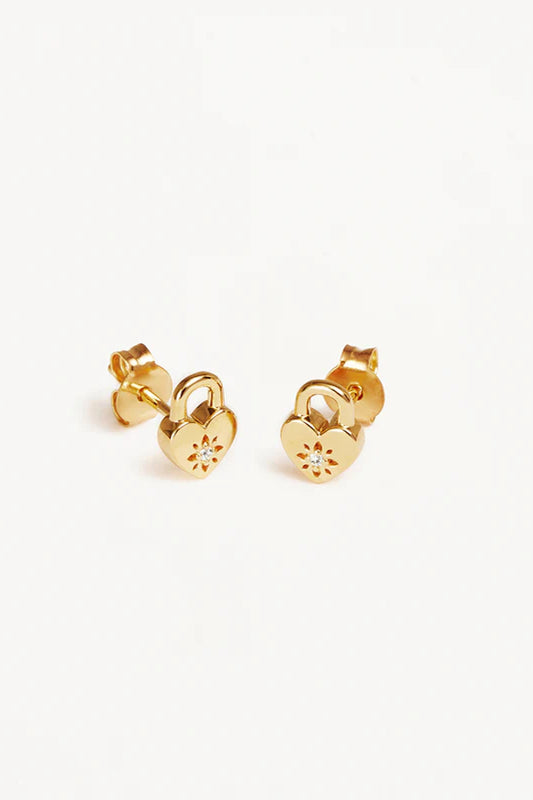 By Charlotte | Crystal Lotus Heart Padlock Stud Earrings - Gold - Gold