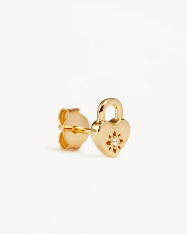 By Charlotte | Crystal Lotus Heart Padlock Stud Earrings - Gold - Gold