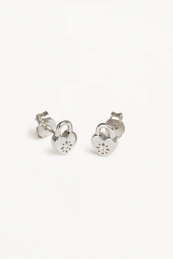 By Charlotte | Crystal Lotus Heart Padlock Stud Earrings - Silver - Silver