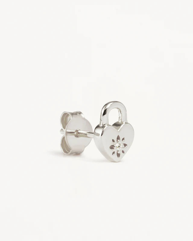 By Charlotte | Crystal Lotus Heart Padlock Stud Earrings - Silver - Silver