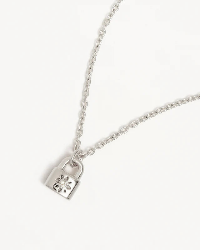 By Charlotte | Crystal Lotus Padlock Necklace - Silver