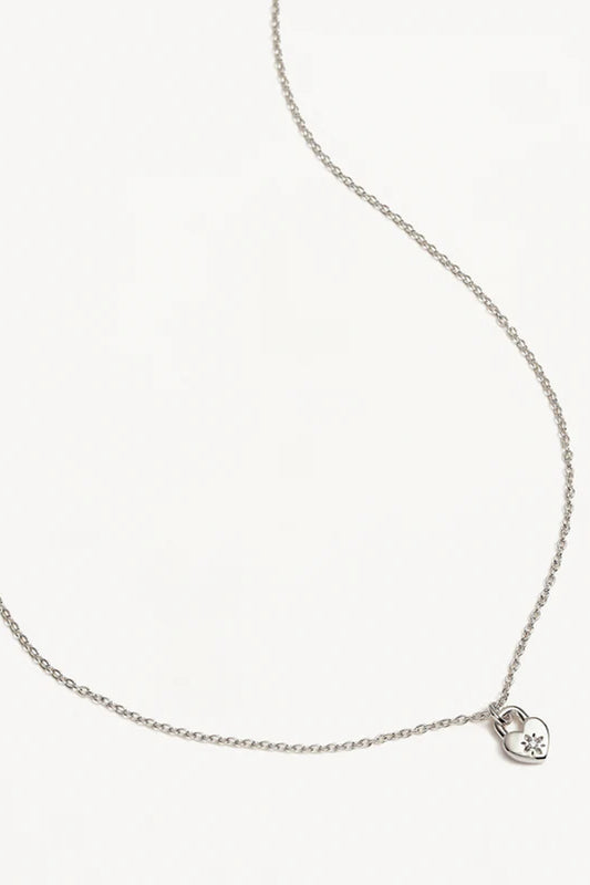 By Charlotte | Crystal Lotus Heart Padlock Necklace - Silver