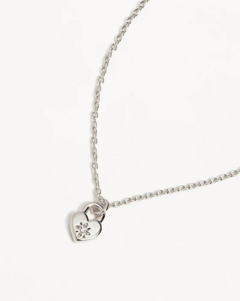 By Charlotte | Crystal Lotus Heart Padlock Necklace - Silver