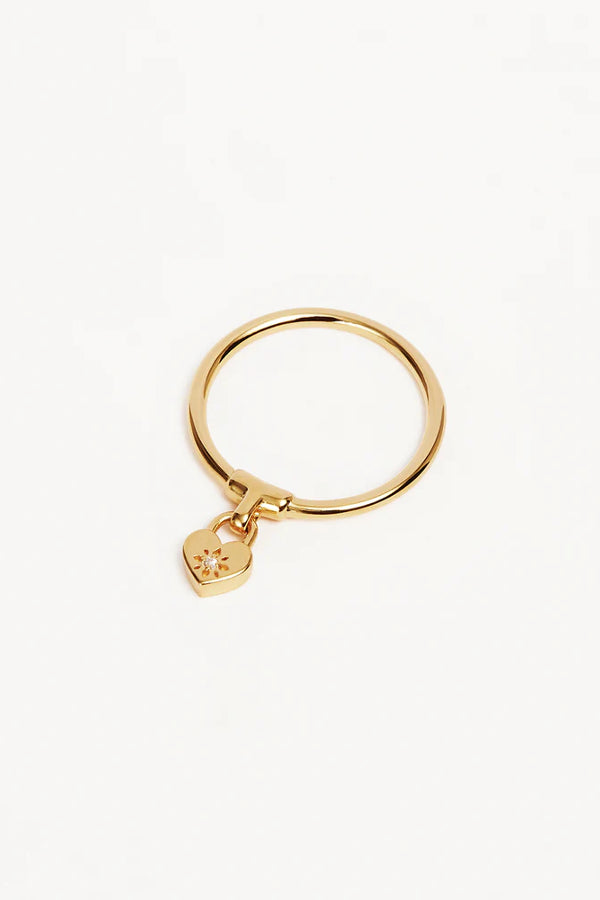 By Charlotte | Crystal Lotus Heart Padlock Ring - Gold