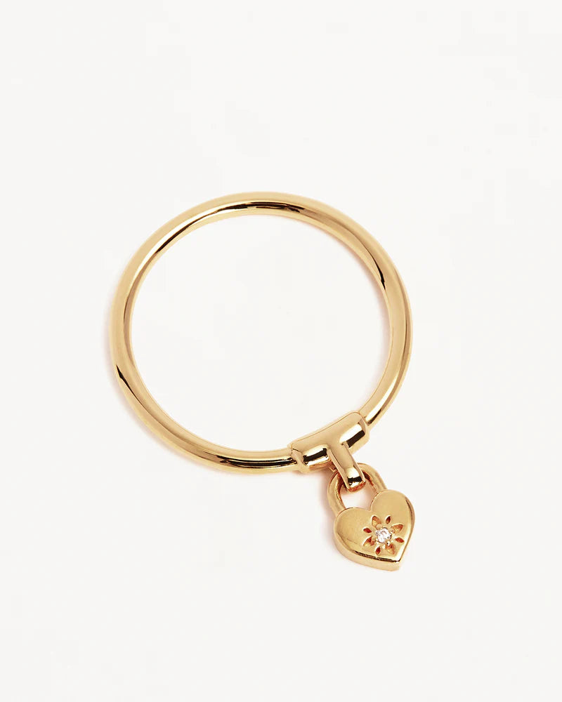 By Charlotte | Crystal Lotus Heart Padlock Ring - Gold