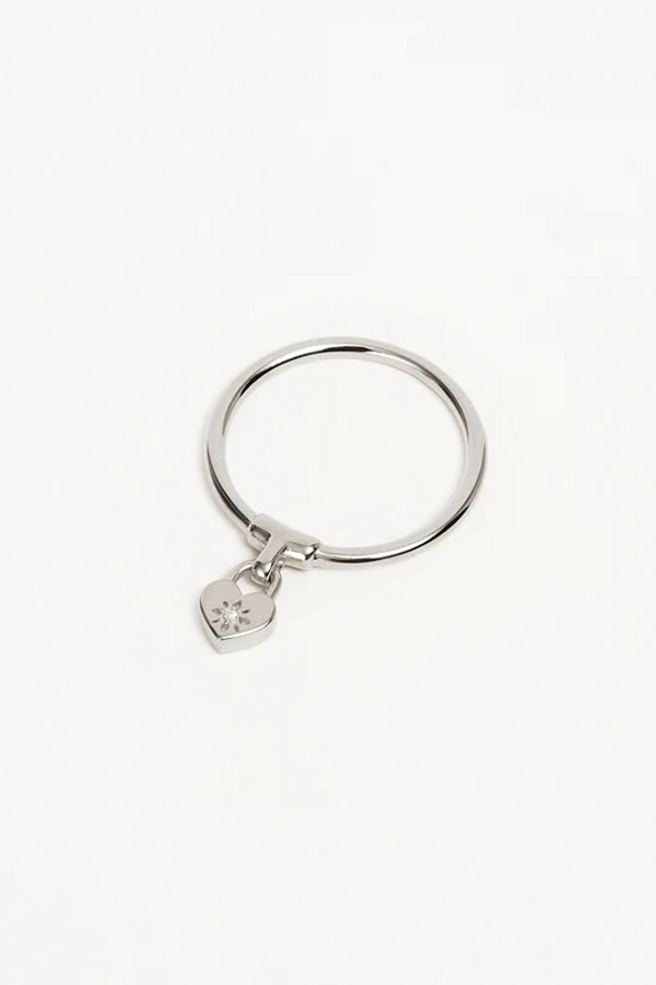 By Charlotte | Crystal Lotus Heart Padlock Ring - Silver