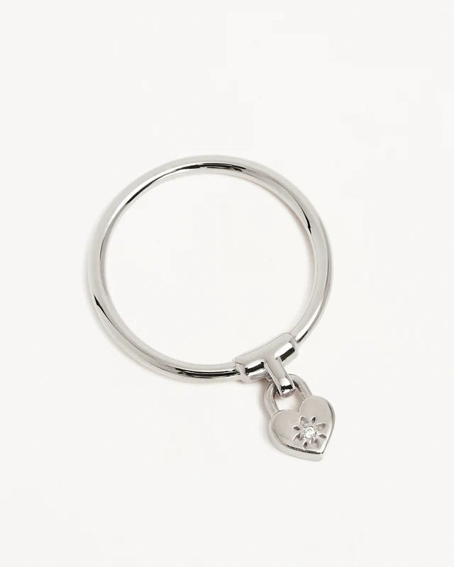 By Charlotte | Crystal Lotus Heart Padlock Ring - Silver