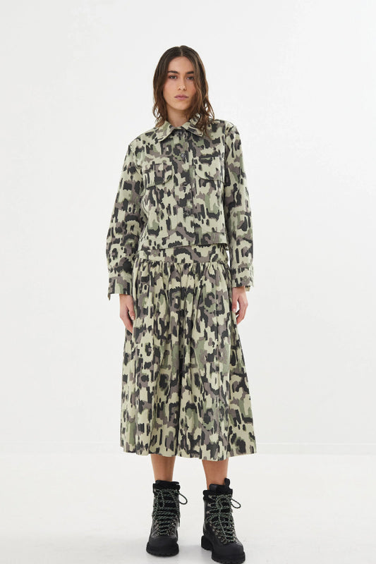 Rabens Saloner | Silke Cyber Drill Full Skirt - Olive Combo