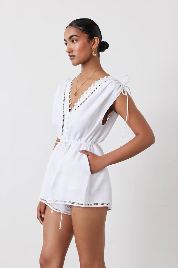 Joslin | Mary Lin Linen Ramie Playsuit - Optical White