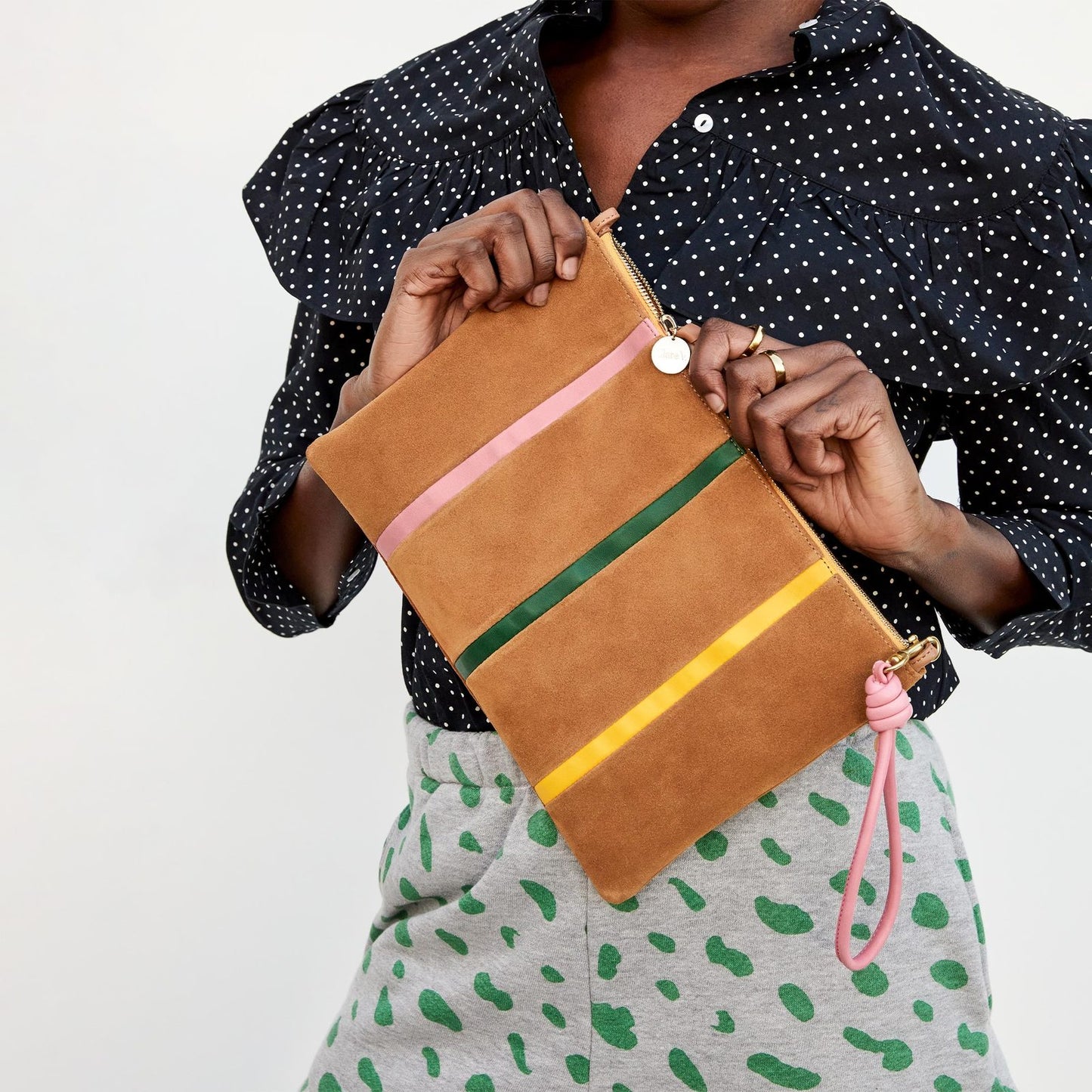 Clare V. | Flat Clutch with Tabs - Camel Suede with Strips