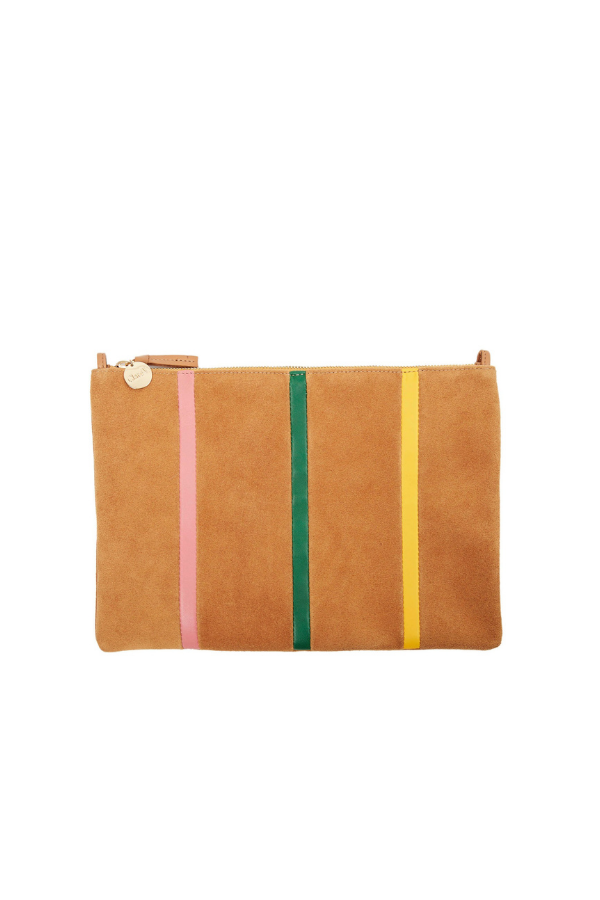 Clare V. | Flat Clutch with Tabs - Camel Suede with Strips